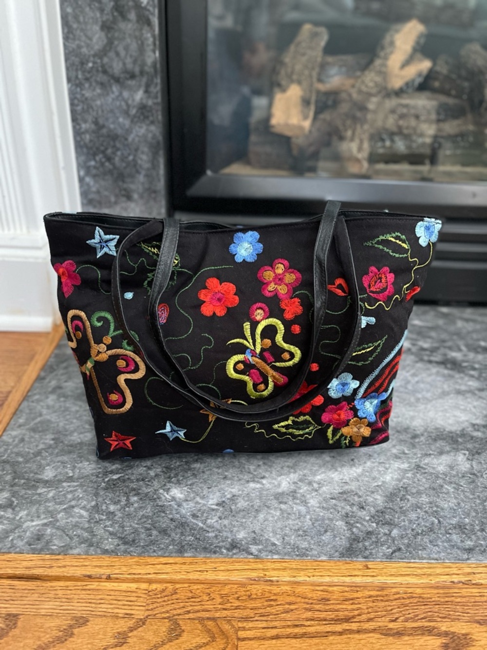 Chico’s Embroidered Floral Tote Bag Black Boho Colorful Shoulder Bag